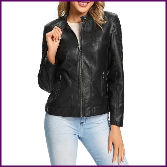 Women's Faux Leather Moto Jacket Quilted Biker Coat Windproof Outwear